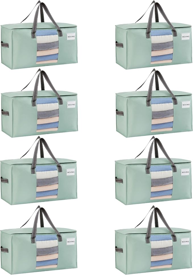 VENO Moving Bags, Wide Open Top, Clear Window, Light Green, 8 Pack | Moving boxes Alternative, Heavy Duty, Storage Bags, Clothes and Comforter Storage, Packing Supplies, College Dorm Essentials