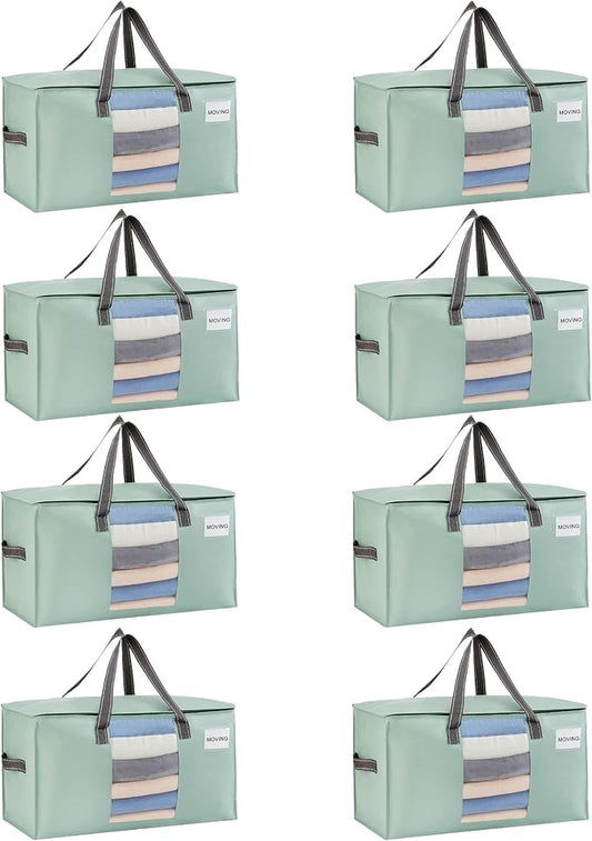 VENO Moving Bags, Wide Open Top, Clear Window, Light Green, 8 Pack | Moving boxes Alternative, Heavy Duty, Storage Bags, Clothes and Comforter Storage, Packing Supplies, College Dorm Essentials