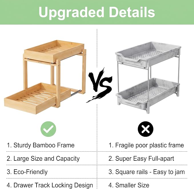 MHXW SXPN Bamboo Under Sink Organizer, 2 Pack Pull Out Cabinet Organizer | 2 Tier Vertical Smooth Slide Out Undersink Storage Shelf | Multi-Purpose Organizer Shelves for Kitchen Bathroom Medicine