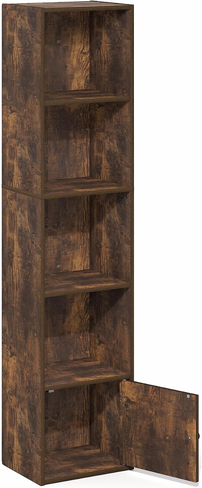 Furinno LUDER Book Shelf, 5-Tier Bookshelf with Open Shelf, Standing Bookcase with 1 Door Cabinet, 9.3 x 12 x 52, for Organization and Storage, for Living Room, Bedroom, Home Office, Amber Pine