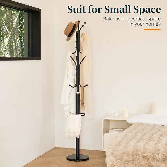 Yoobure Metal Coat Rack Freestanding with Marble Base, Coat Tree with 12 Hooks & Umbrella Holder, Coat Hanger Stand for Corner Entryway Bedroom Office, Heavy Duty Coat Rack Stand for Clothes Hats Bags