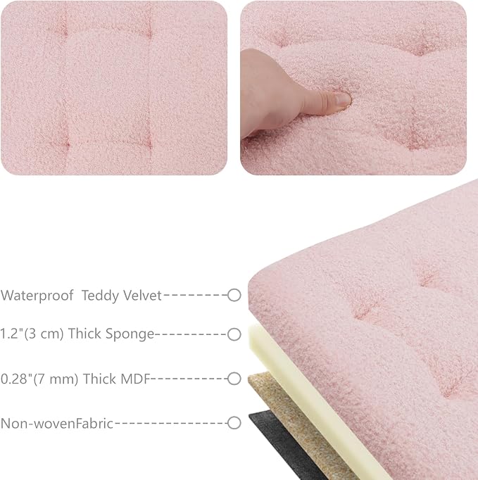 AmasSmile Ottoman Storage Bench, 34" Teddy Velvet Folding Stool Pink | Large Ottoman with Storage, Thicker Foam Padded Seat, Livingroom, Dorm, Bedroom, Entryway, Easy to install, 34 x 13 x 13in