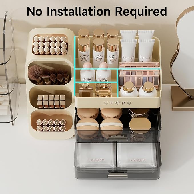 UFORU Makeup Organizer Countertop with Brush Holder for Vanity Bathroom | Large Capacity, Thickened Plastic, 2 Clear Drawers, Compact Size, Detachable Brush Holder, Divided Compartments, Easy Access