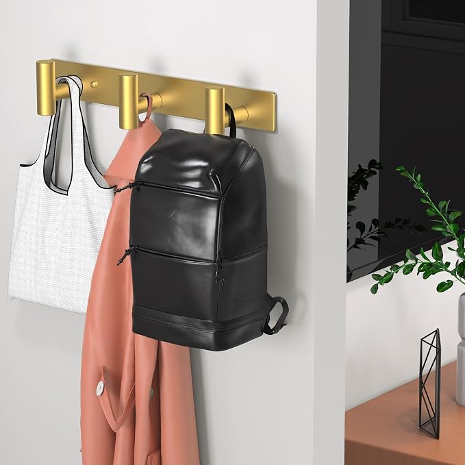 Wall Mounted Coat Rack-3 Hooks, Heavy Duty Stainless Steel Wall Hooks for Towel Coat Bag, Hat Rack Coat Hanger Coat Hooks Towel Racks for Bathroom Entryway Kitchen Hotel Office (Gold,1 Pack)