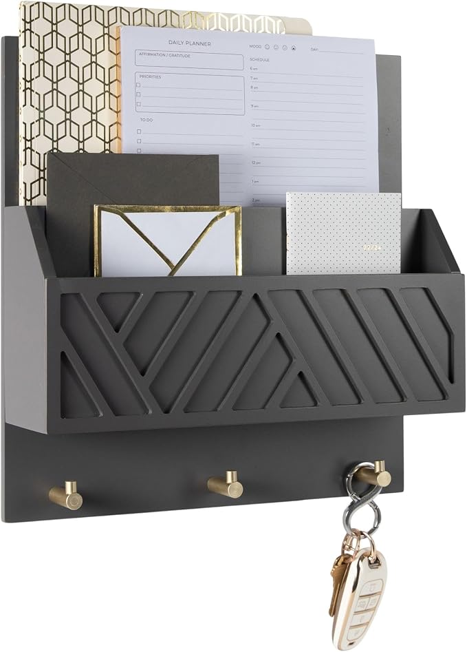 BLU MONACO | Wall-Mounted Mail and Key Holder in Grey Wood | Two-Tier Mail Organizer with Gold Hooks | Entryway Command Center for Home or Office