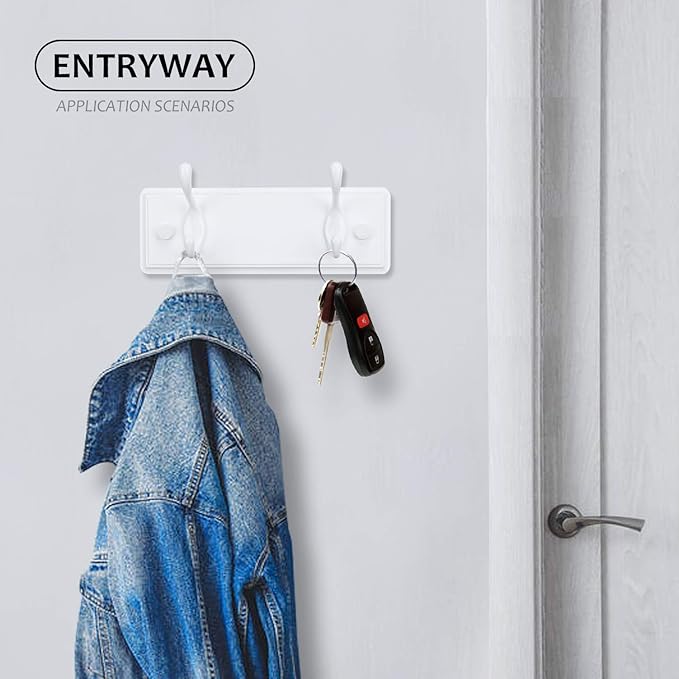 Badiano Wooden Coat Rack, Wall-Mounted Organizer for Closet, Entryway, Hallway, Foyer, Bedroom, Heavy Duty Double Hooks for Hanging Towels, Bags, Hats, Jackets, Key (White, 2 Hooks)