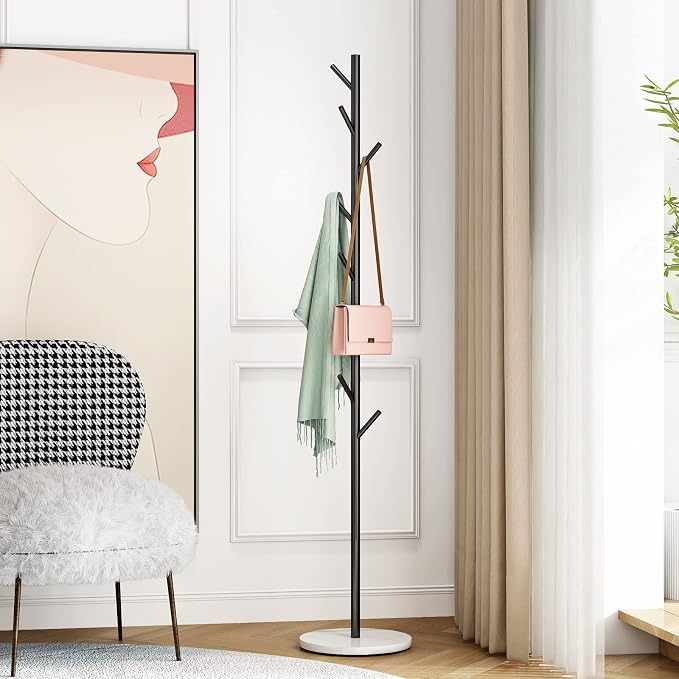 DOORXIFO Black Metal Coat Rack, Freestanding with Hooks, Entryway Coat Rack Stand, Coat Racks with Marble Base, Coat Tree for Hanging Clothes, Hats, Bags | Modern Hat Rack, Easy to Assemble, Heavy Stable Marble Base
