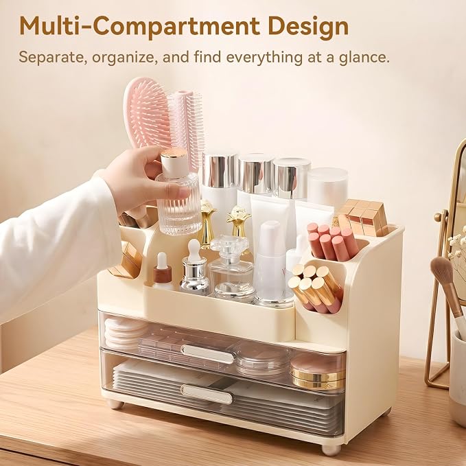 Makeup Organizer for Vanity with 2 Large Drawers and 6 Brush Holders, Cream | Large-Capacity Makeup Holder Keeps Skincare and Cosmetics Organized and Easy to Reach on Vanity or Bathroom Counters