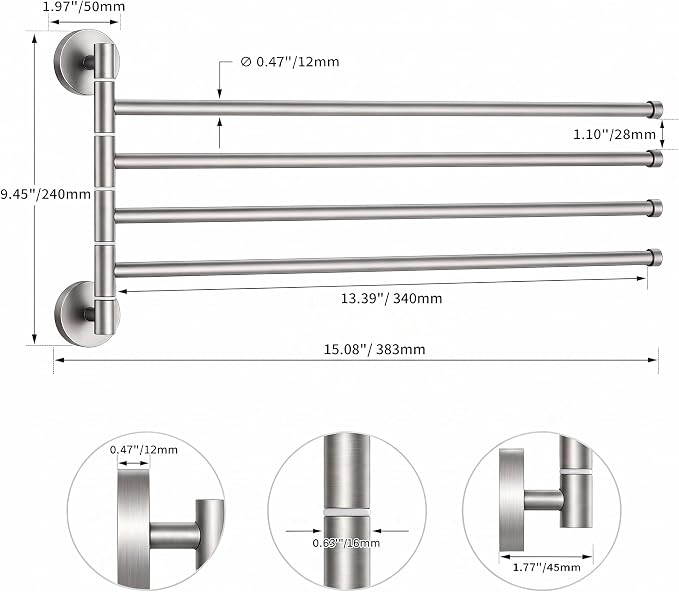 FORIOUS Swivel Towel Rack for Wall, 13.8" 4-Arm Towel Bar Brushed Nickel | Rust Resistant, Stainless Steel, 180° Rotating Arms, Wall Mounted, Space Saving, for Bathroom, Kitchen, Laundry, RV and Pool