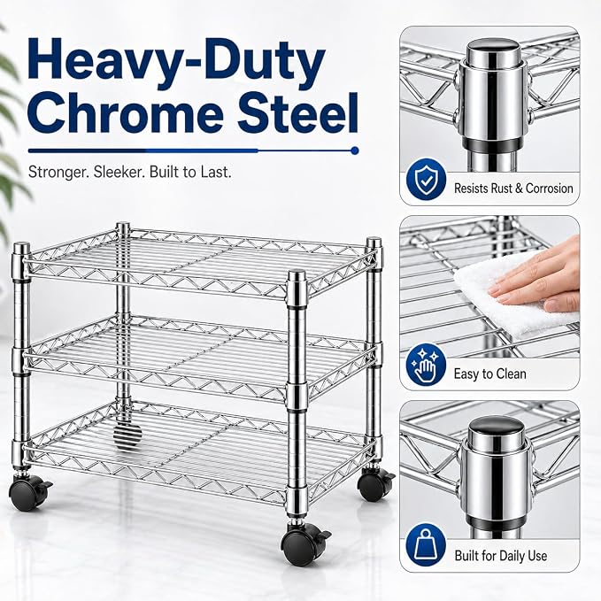 Simple Deluxe 3-Tier Storage Shelves, 750 Lbs Loading Capacity, 24.02" W x 13.78" D x 21.97" H Shelving Unit for Garage, Pantry and Kitchen, Chrome