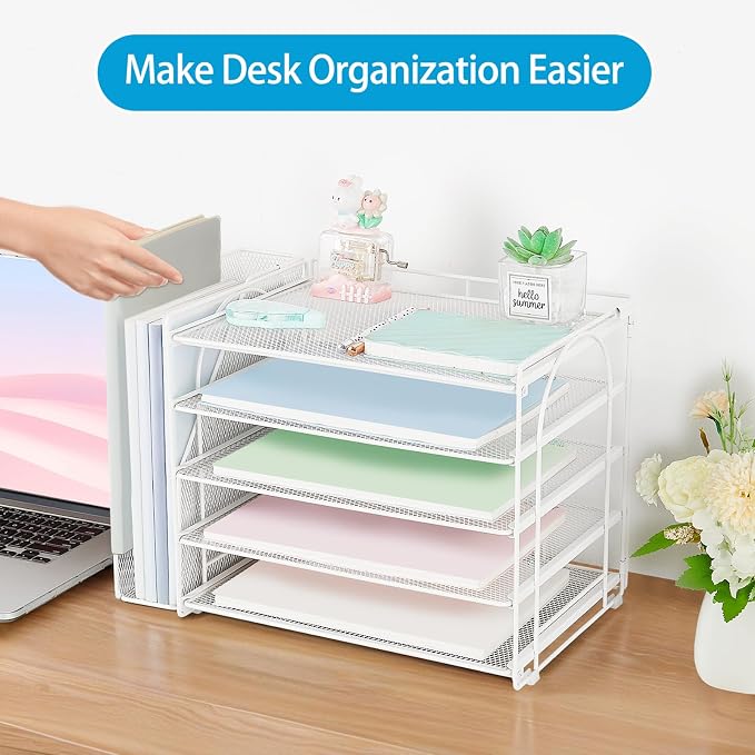 AUPSEN Desk Organizers and Accessories, 5-Tier Desktop Paper File Organizer with Removable File Holder, Desk Accessories & Workspace Organization for Home Office Supplies (White)