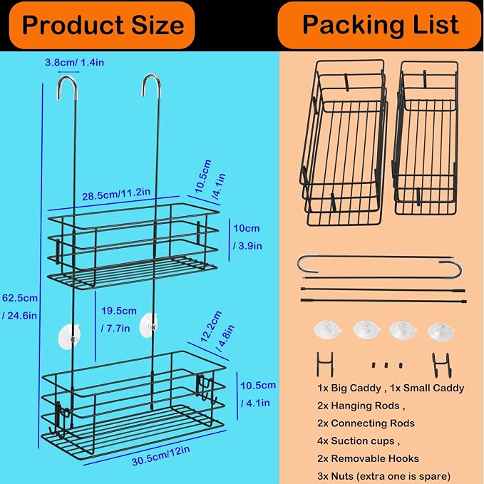 2-Tier Shower Caddy Hanging Shower Organizer Rack with Hooks Over The Door