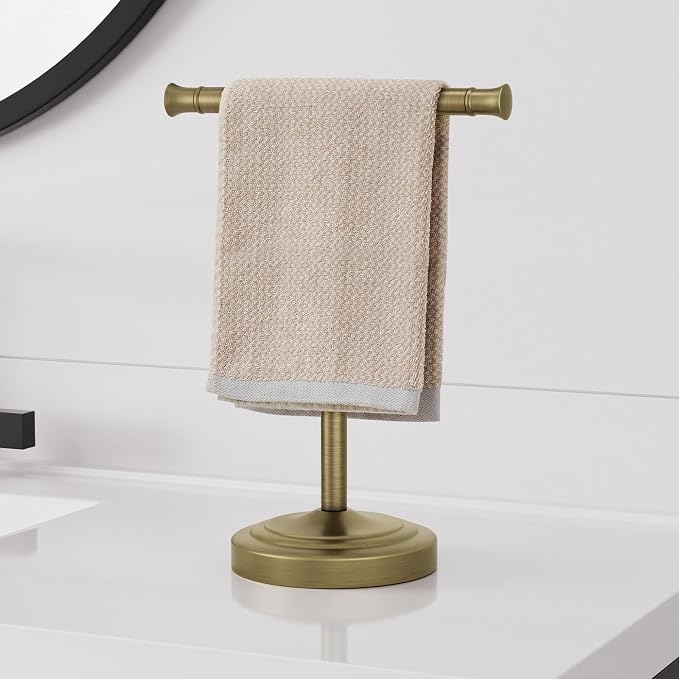 RUMOSE Antique Brass Hand Towel Holder Stand Countertop Towel Rack | 13 Inch Bathroom Kitchen Vanity T-Shape Towel Stand Free Standing Stainless Steel Towel Bar Towel Ring
