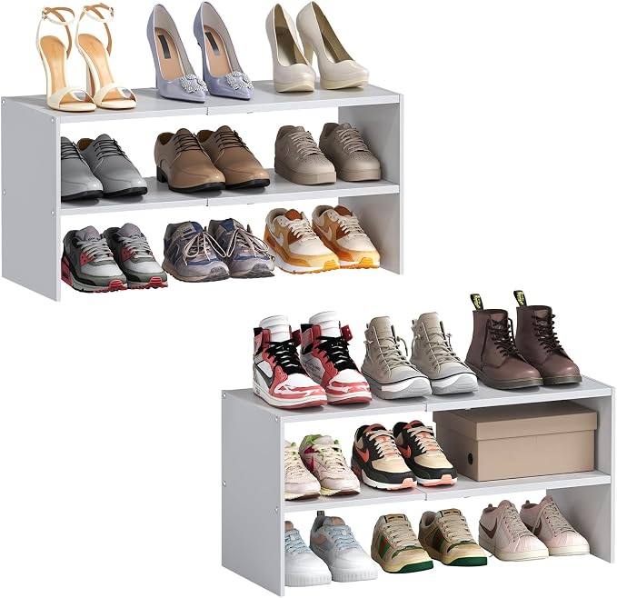 2 Pack Expandable White Shoe Rack Organizer for Closet, 2-Tier Stackable Shoe Storage Shelf, Small Iron Wood Combination Shoe Shelves for Closets,Entryway,Front Door, Narrow Space,Hallway,15-24 Pairs