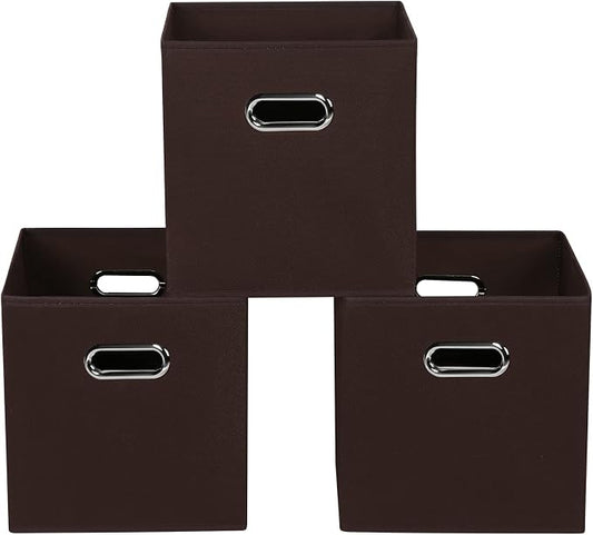 Fabric storage bins Cubes, Fabric Cube Organizer with Handle, Foldable Cube Bins for Cloth or Accessary Storage, 11x11x11, Set of 3, (Coffee)