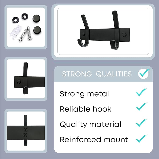 Coat Rack Wall Mount – 6 Inch Stainless Steel Hook Rail with 2 Double Coat Hooks for Hanging – Wall Mounted Entryway Organizer for Coats, Hats, Bags, Towels, Robes, Closet or Bathroom - Black 2 Pack