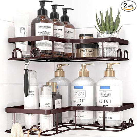 Sakugi Corner Shower Caddy - 2 Pack, Adhesive Shower Organizers, Rustproof Stainless Steel Shower Shelves with 8 Hooks, No Drilling Bathroom Organizers and Storage Racks, Space-Saving, Brown, Medium