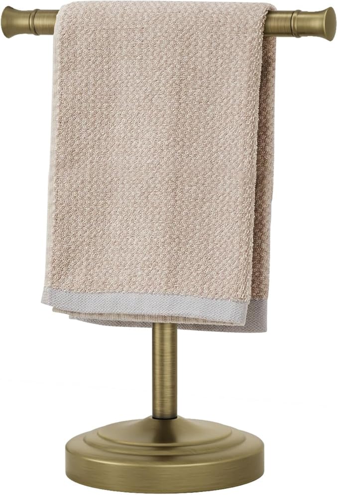 RUMOSE Antique Brass Hand Towel Holder Stand Countertop Towel Rack | 13 Inch Bathroom Kitchen Vanity T-Shape Towel Stand Free Standing Stainless Steel Towel Bar Towel Ring
