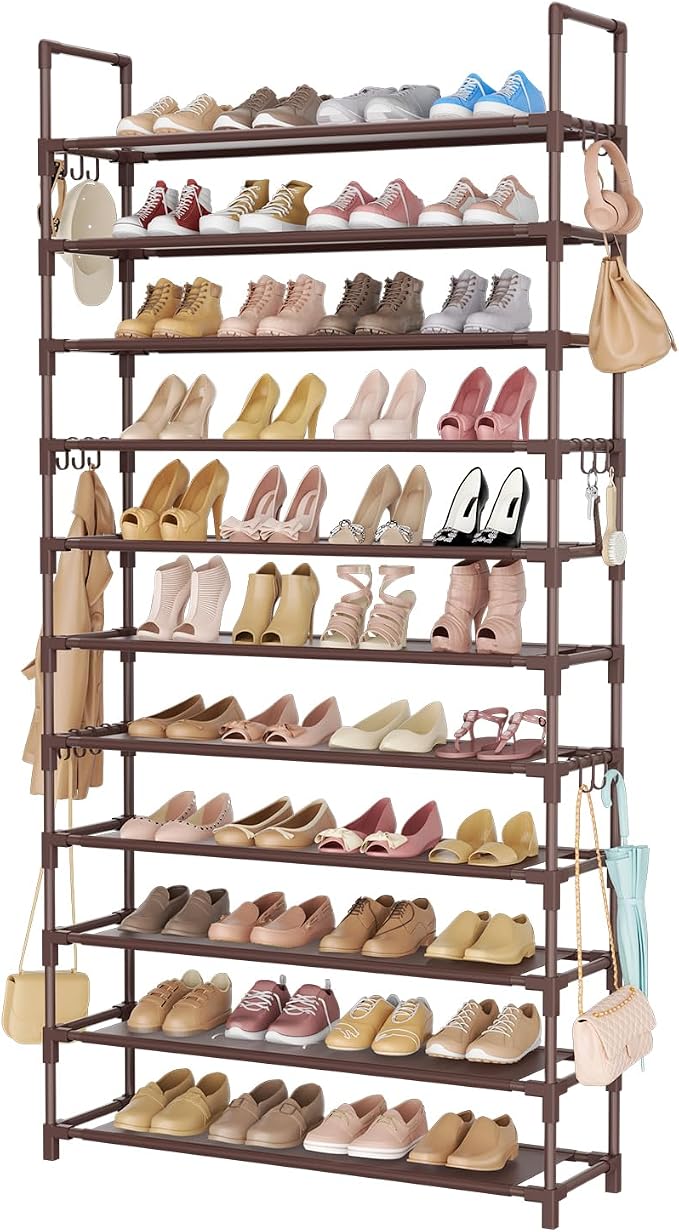 LANTEFUL 11 Tiers Tall Shoe Rack Holds 55 Pairs of Shoes with 18pcs Hooks Sturdy Wide Shoe Organizer Storage Free Standing Metal Shoe Shelf for Closet, Entryway Brown