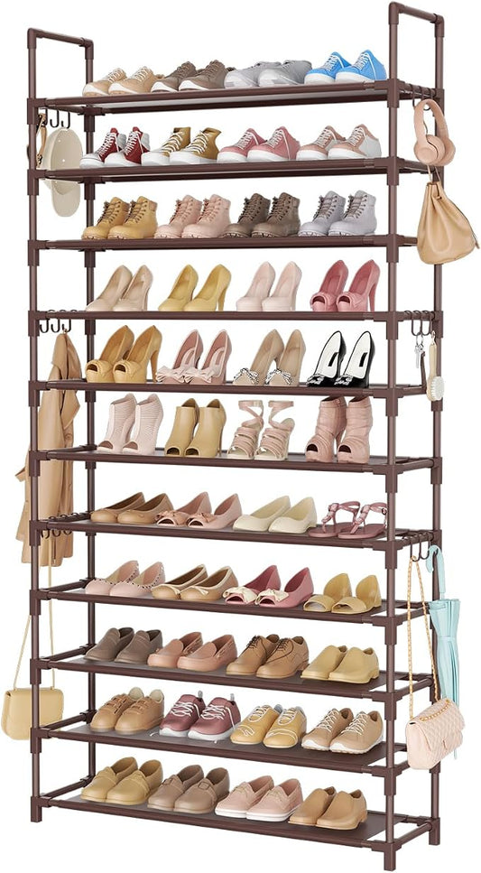 LANTEFUL 11 Tiers Tall Shoe Rack Holds 55 Pairs of Shoes with 18pcs Hooks Sturdy Wide Shoe Organizer Storage Free Standing Metal Shoe Shelf for Closet, Entryway Brown