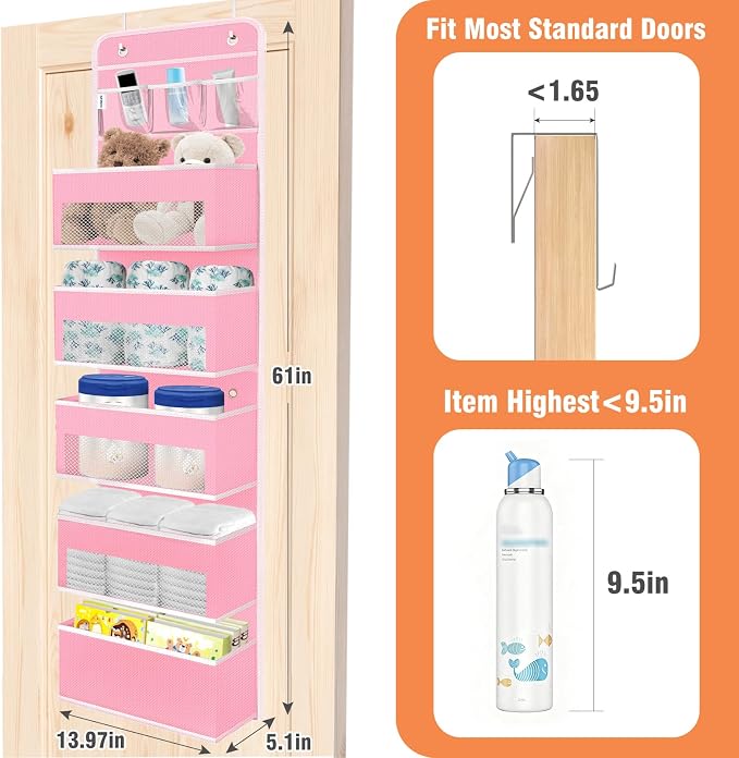 Over The Door Organizer Storage Large Capacity Hanging Bedroom Storage | 6 Shelves, Detachable, 40 LB Capacity, Mesh Design, Clear Window, Sturdy, Storage Organizer for Nursery, Pantry & Closet