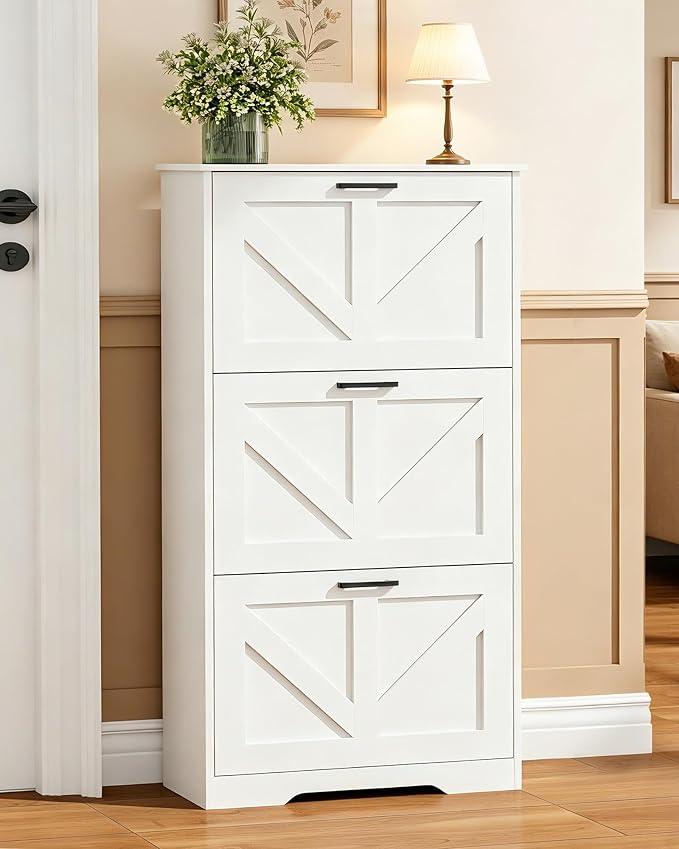 Homleke Farmhouse Shoe Cabinet for Entryway, 3 Barn-Style Flip Drawers | Narrow Shoe Storage Organizer, Top Display Shelf, Adjustable Shelves, Shoe Rack, for Hallway Closet, 24" Wide, White