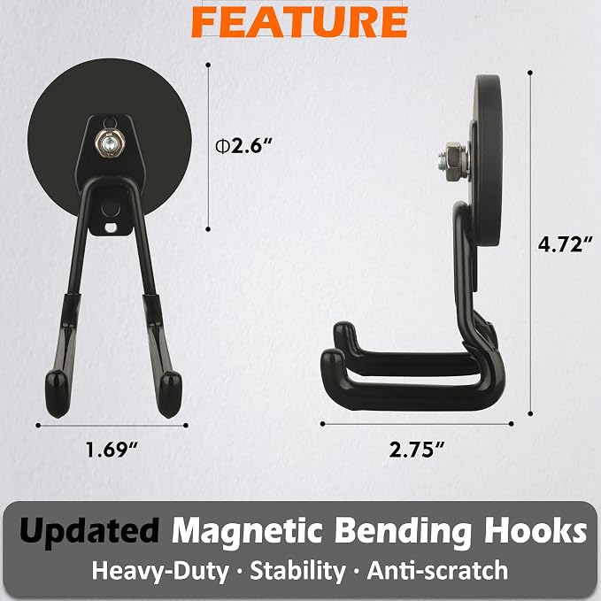 MUTUACTOR Upgraded Strong Magnetic Hooks,2-Pack Powerful Magnetic Hook Heavy Duty,20lbs Anti-Scratch Garage Storage Hangers for Hanging Cordless Impact Drivers Trailer Cord Shovels