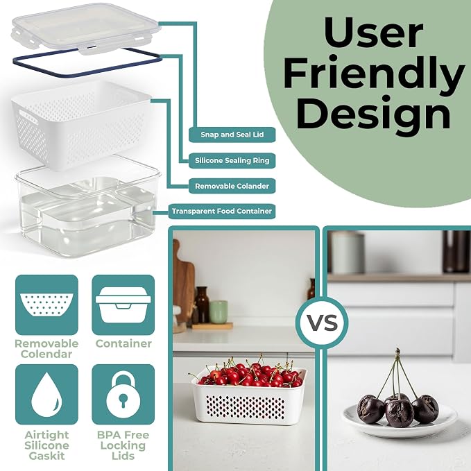 5 Pack Large Fruit Storage Containers for Fridge with Removable Colander | Plastic Food Storage Containers with Lids Airtight-Leak Proof Refrigerator Organizers and Storage of Vegetable
