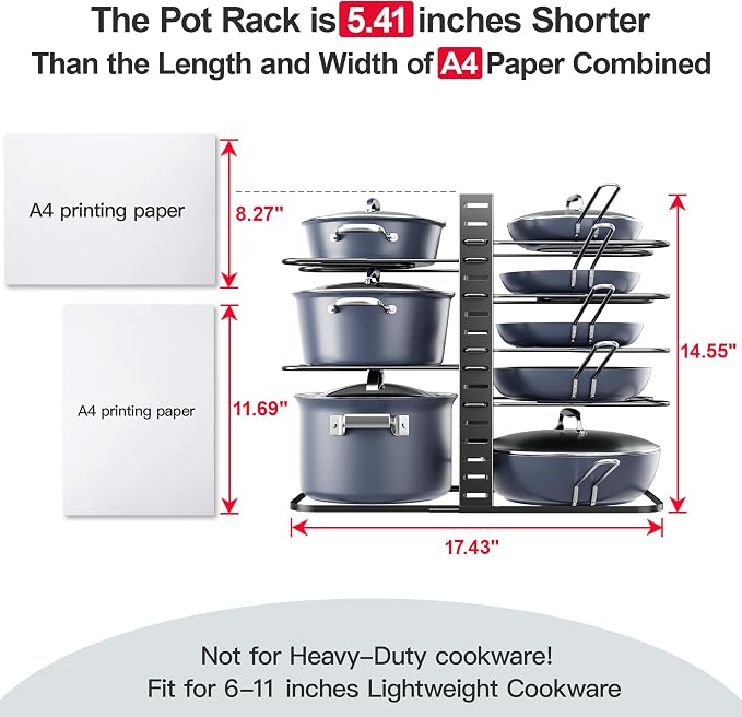 Pots and Pans Organizer Under Cabinet 14.6", 8-Tier Adjustable Rack | 3 DIY Modes, Tool-Free Assembly, Fits 6–11" Lightweight Cookware, For Kitchen Cabinets, Shelves & Countertops Pot Organizer