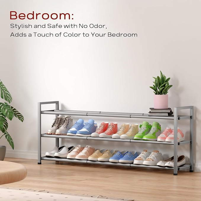 Bumusty 3 Tier Long Expandable Shoe Rack for Closet, Light Grey | 18"-44" Adjustable Shoe Rack for Entryway, Shoe Organizer for Dorm, Front Door, Sturdy Metal