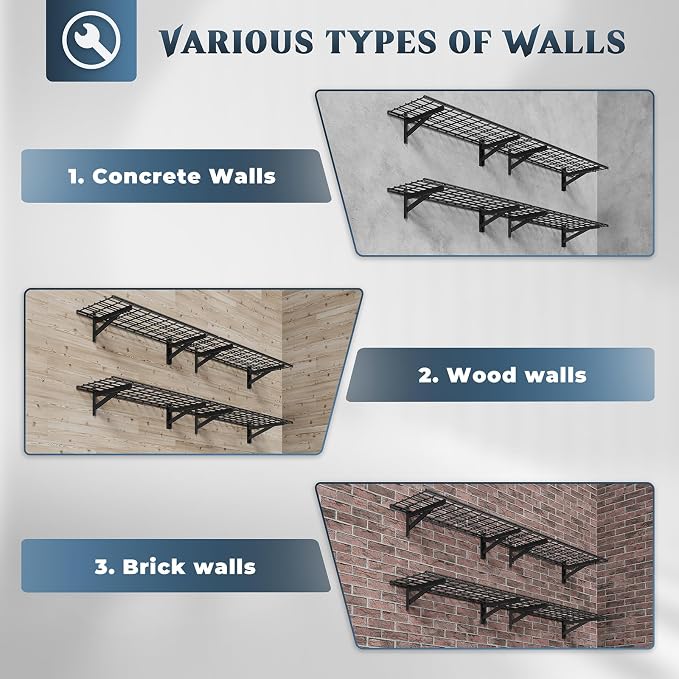 Jusgym 4 Pack Garage Shelving Wall Mounted, 1.5x4ft, 1400LB Heavy Load | Wall Mounted Floating Design, 18"x96" Storage Rack, No Splice Seamless Structure, Rustproof Black Coating for Garage Workshop