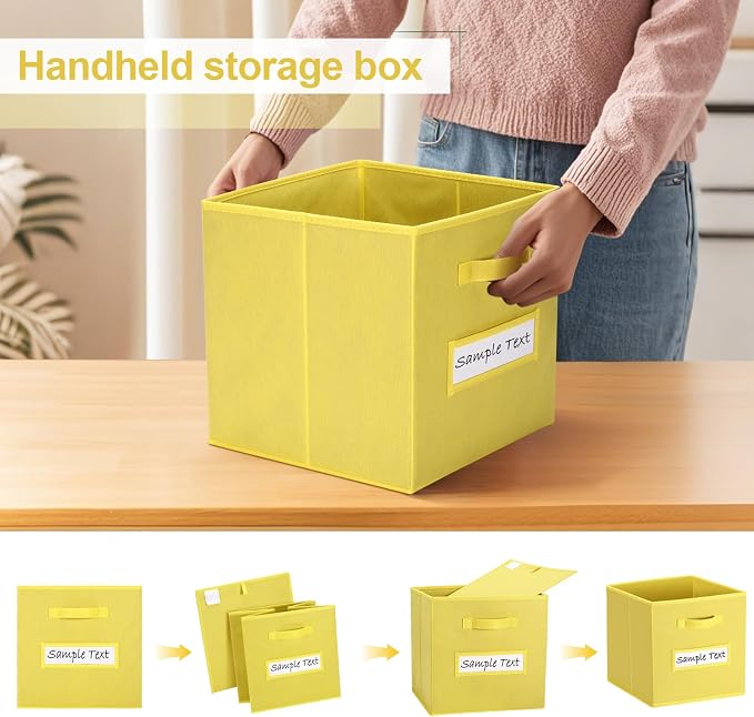 11x11 storage cube bins (Set of 10) Foldable Fabric storage cubes with 10 Labels Window Cards & a Pen,11 inch cube storage bin,Closet Organizers for Shelves,Cubby Organizer Boxes,Dark Yellow