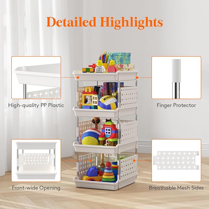 Lifewit Plastic Stackable Storage Baskets, 4 Tier Stacking Bins for Food and Clothes, Multifunctional Organizer for RV, Kitchen, Playroom, Pantry and Bathroom, 13.8"D x 11.8"W x 28.3"H, 1 Pack, White | Stacking Bins for Food, Multifunctional Organizer ...