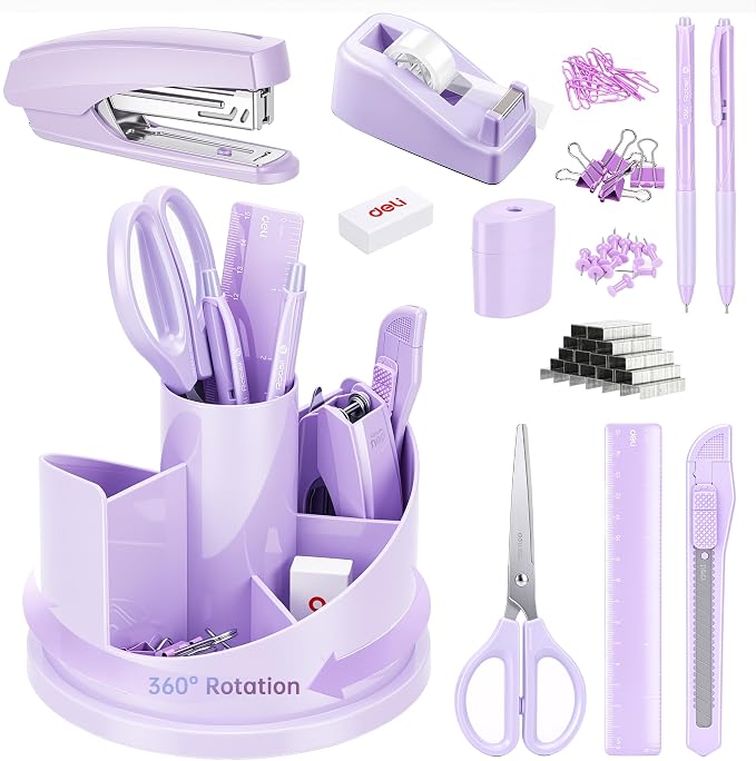 deli Office Supplies Set, Desk Accessory Organizer Kit, Purple | Stationary Set, Desk Supplies with Rotating Multi-Functional Pen Holder &Stapler Set for Office, School, Home
