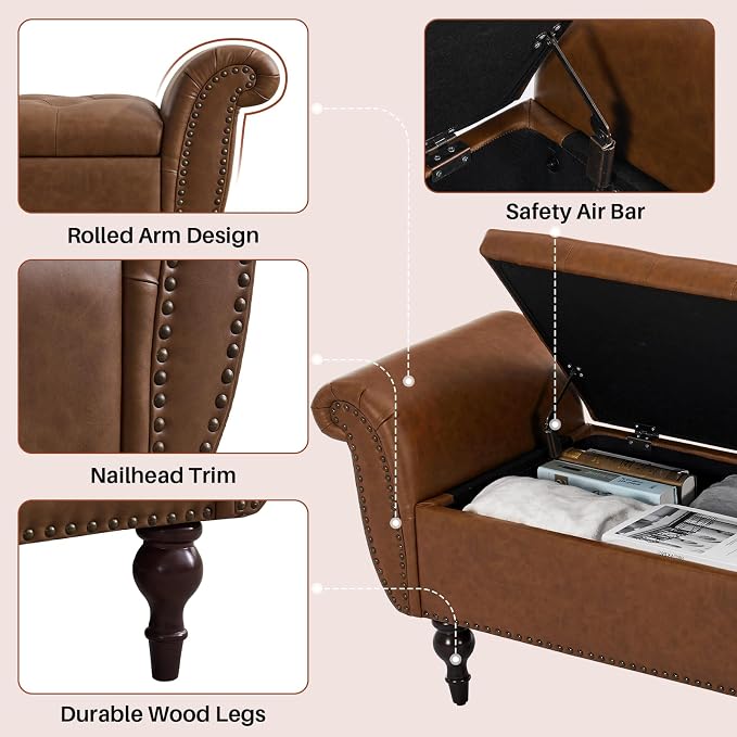 63.8" Storage Bench For Bedroom Faux Leather End Of Bed Bench With Storage | Upholstered Ottoman Foot Rest With Rolled Arms For Bedroom Living Room Holds Up To 700 Lb Brown