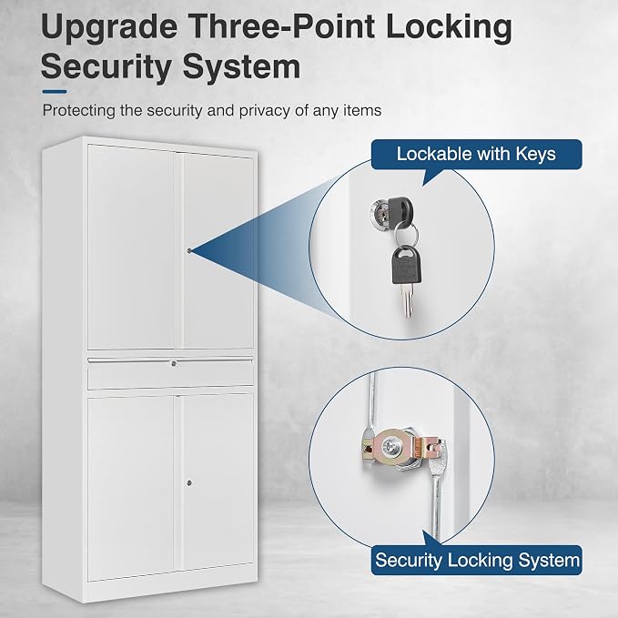 White Metal Storage Cabinet with Lock, 71" Tall Garage Storage Cabinets with Doors and Shelves, Lockable Tool Caninet Steel Locking Cabnets File Caninet for Home Office, Garage, Pantry