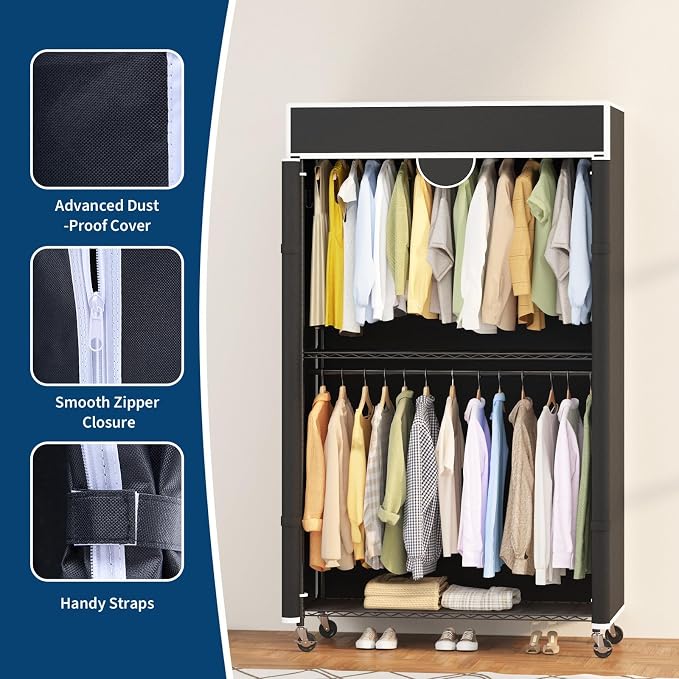 Heavy Duty Garment Rack 485LBS Closet Wardrobe with 4 Wheels & Cover Clothes Rack for Hanging Clothes with Adjustable 3 Shelves & 2 Hanging Rods 45" Lx17 Wx79 H Black