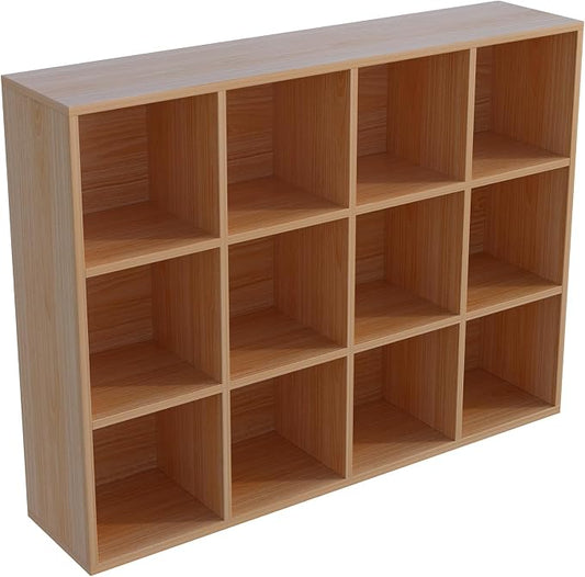 OSCHF 12-Cube Storage Shelf Bookcase, Oak | Wooden 3-Tier Open Bookshelf, Fits 11×11" Bins, Vertical or Horizontal Use, Full Back Panels, For Home Office