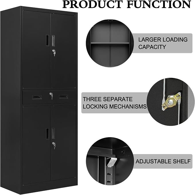 CJF 71" H Tall Metal Storage Cabinet with Drawer, Locking Garage Cabinet with 2 Adjustable Shelves, Heavy-Duty Tool File Storage Cabinets for Home Office, Kitchen, Warehouse, Shop (Black)