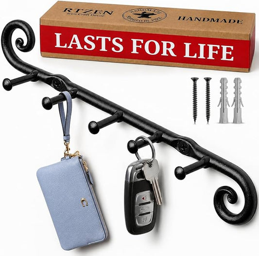 RTZEN Farmhouse Small Key Holder for Wall, Wrought Iron Wall Mount Rack | Handcrafted Swirl Decorative, 5 Key Hooks for Home Entryway, Purse, Coat and Leash Holder or Organizer (Classic Black)