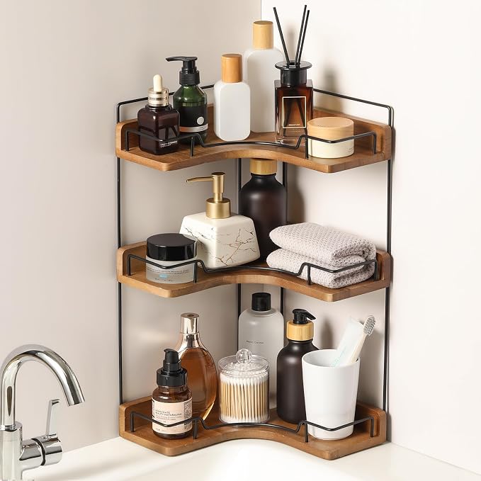 3-Tier Bathroom Counter Organizer, Wooden Corner Shelf for Vanity Countertop Skincare & Makeup, Storage and Organization for Kitchen
