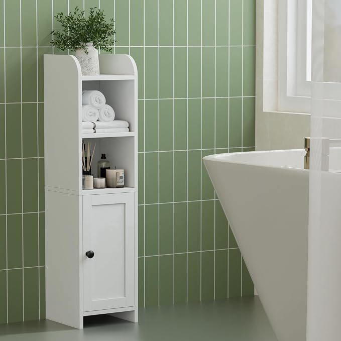 Homhedy Small Bathroom Storage Cabinet, Narrow Toilet Paper Cabinet | Corner Floor Cabinet with Door and Shelves, Slim Bathroom Cabinet for Small Spaces, 9.8" D x 7.9" W x 31" H, White