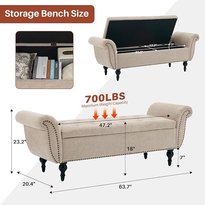 63.8" Storage Bench for Bedroom End of Bed Ottoman Chenille Light Brown | Ultra-soft Breathable Chenille Fabric Upholstered Ottoman Footrest with Rolled Arms for Bedroom Living Room Holds 700lb