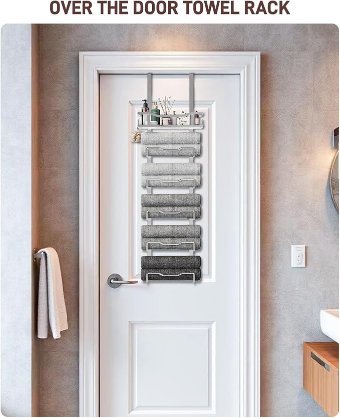 Aetyord Hanging Towel Racks for Bathroom No Drill - Over The Door 6-Tier Bath Towel Storage Organizer for Small Bathrooms-Back Door Large Tiered Towel Holder Hanger for Rolled Towels RV Camper Silver | 6-Tier Over The Door Bath Towel Storage Organizer ...