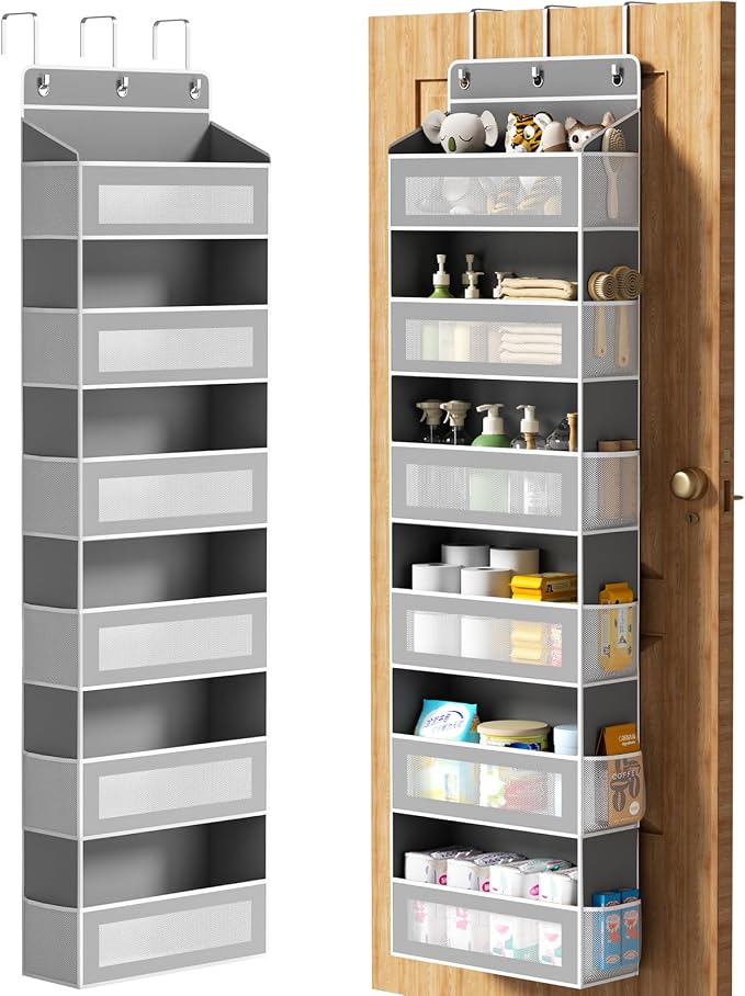 AQOOA 6-Tier Over The Door Organizer 44 lbs Capacity fit Standard Doors | Over the Door Storage 6 Large 12 Side Pockets Behind Door Storage, Closet Door Organizer Hanging Shelf, Grey