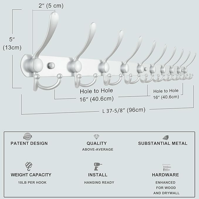 Dseap Coat Rack Wall Mount - 29.5” Long 8-Tri-Hooks Heavy Duty Coat Hanger Rail Wall Hooks for Hanging Coats Hats Clothing Clothes Purse Mudroom Entryway, Silver