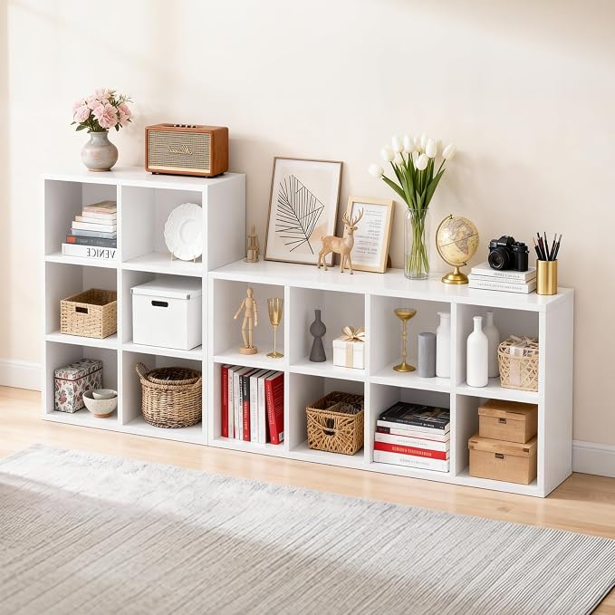 LUCKLIFE 8-Cube Storage Organizer, Stackable Modular Bookcase Shelf with Vertical or Horizontal Use, Fits 11×11" Bins, Optional Back Panels, for Living Room, Office, Off White