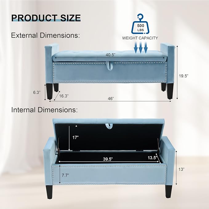 Storage Ottoman Bench, Velvet Upholstered Footstool for Bedroom and Living Room, Tufted Seat with Storage, Wooden Legs & Metal Rivets, Light Blue