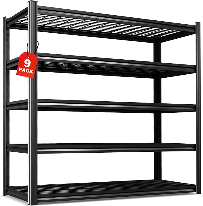 Set of 9 Garage Shelving-3500 lbs 5 Tier Storage Shelves,Adjustable Heavy Duty Metal Shelving Unit and Storage Large Wire Rack,Utility Steel Shelf for Warehouse Industrial Pantry Basement -72"x59"x20"