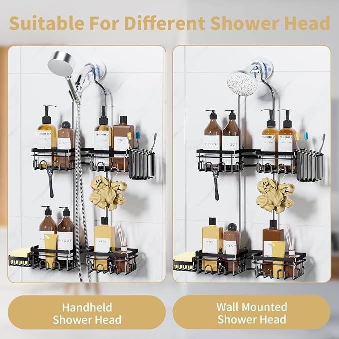 KEGII Shower Caddy Hanging for Handheld Showerheads, Rustproof Hanging Shower Organizer with Soap Dish, Toothbrush Holder and Hooks, Over Showerhead Caddy for Bathroom